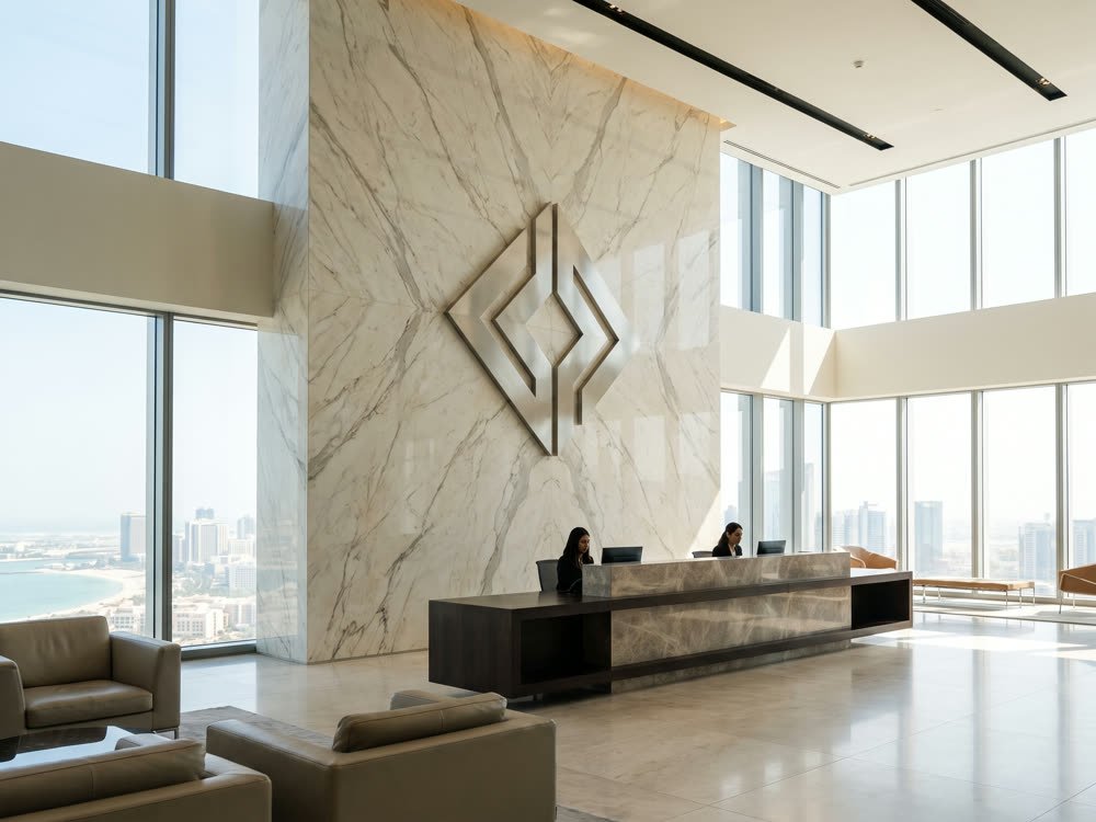 Reception logo wall in a corporate lobby
