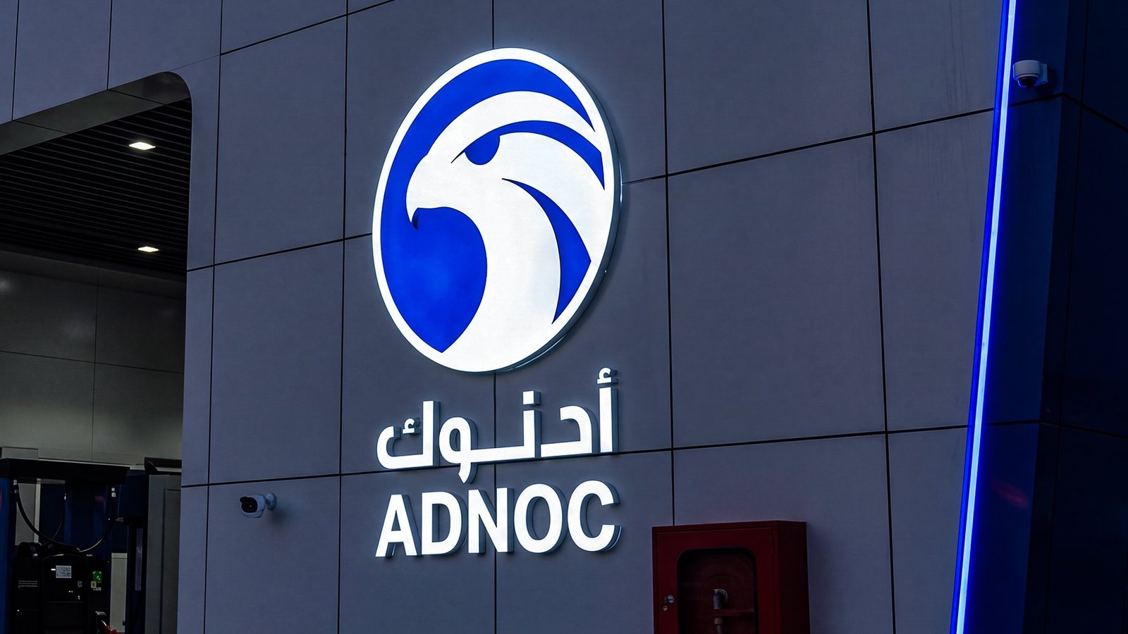 Illuminated facade, ADNOC service station, LED-lit