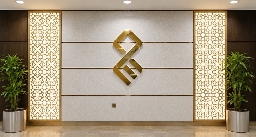 Al Masraf, Reception logo wall in brushed gold