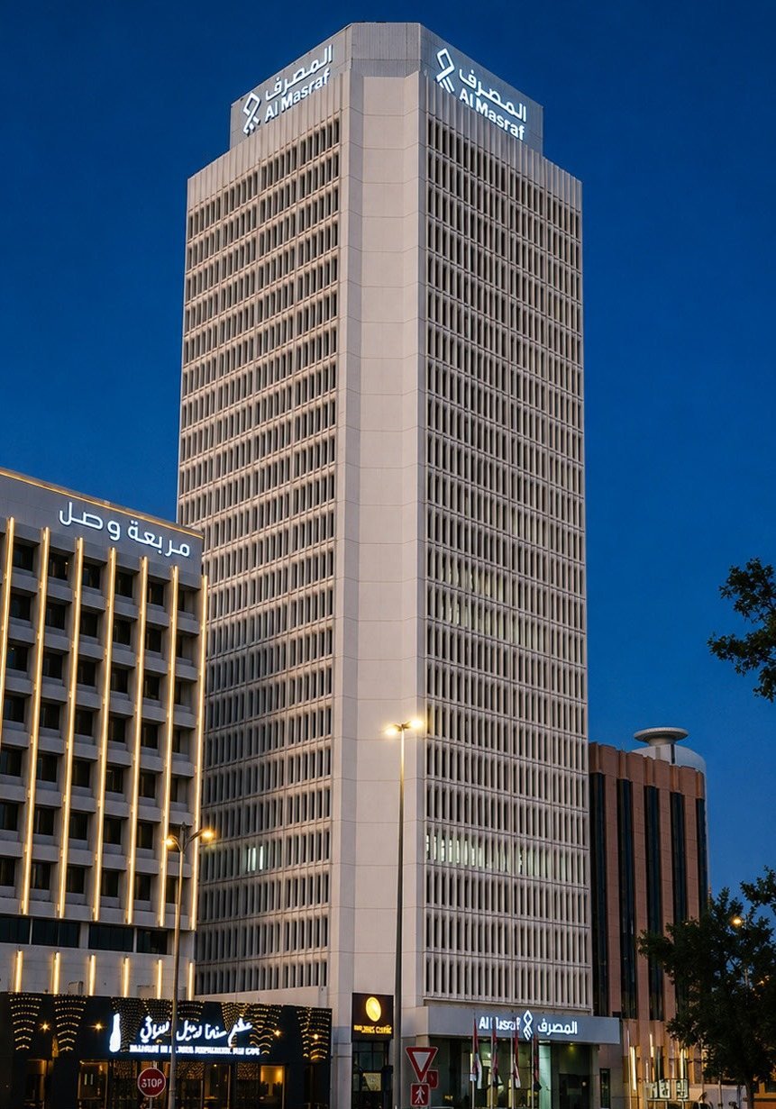 Al Masraf, Tower identity, lit for night